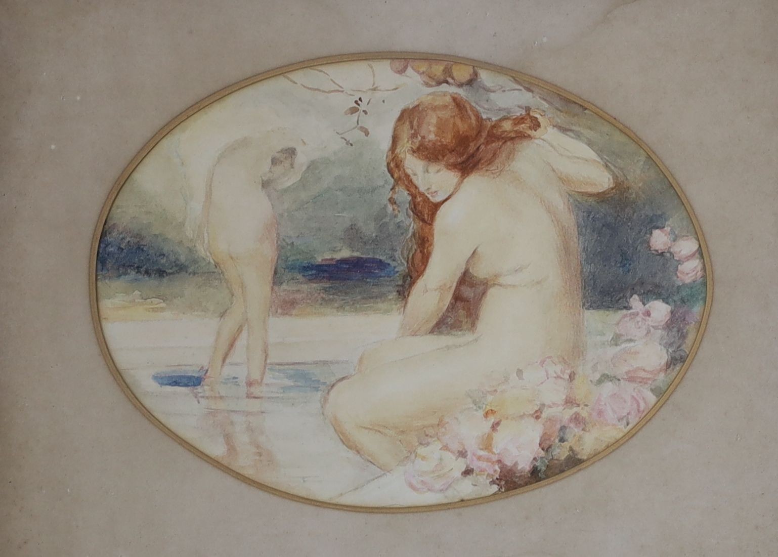 After Rosetti, watercolour, The Bathers, 14 x 20cm